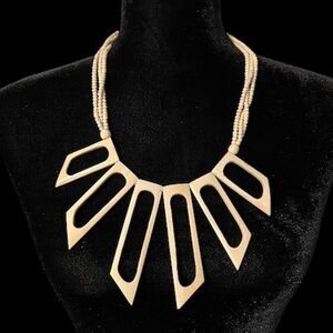 Unique- Geometric Natural Material 3 Bead-Strand Bib Statement Necklace